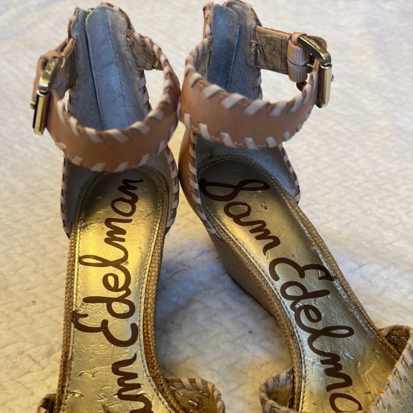 Sam Edelman Silvia Gold Beige Leather Zipper Back Wedge Sandals Ankle Strap Sz 9 - Picture 3 of 12